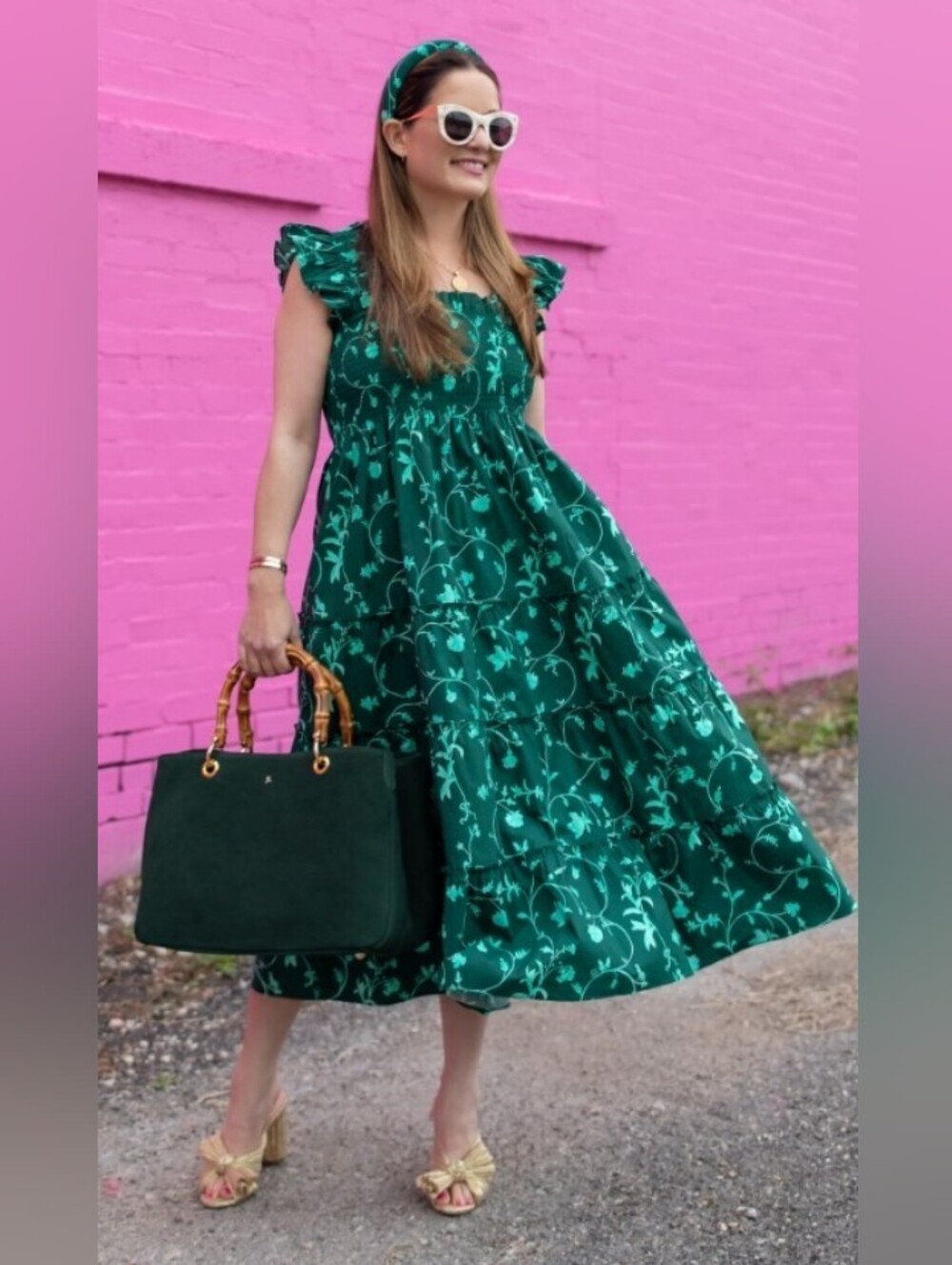 Hill House The Ellie Nap Dress Green Floral Smocked Ruffled Midi Size M - Picture 9 of 9